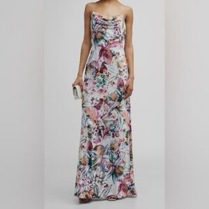 Liv Foster Lola Backless Floral Sateen Gown with Cowl Neck and Pearl Straps